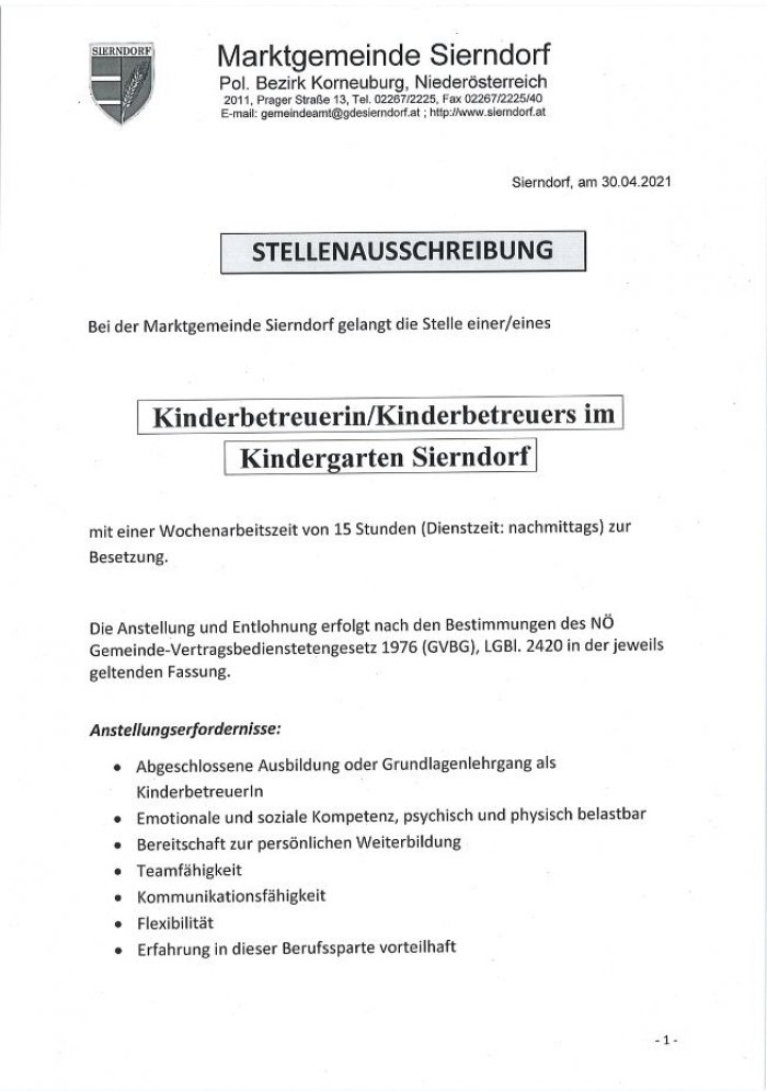 Stellenausschreibung Kinderbetreuerin/Kinderbetreuers Im Kindergarten ...